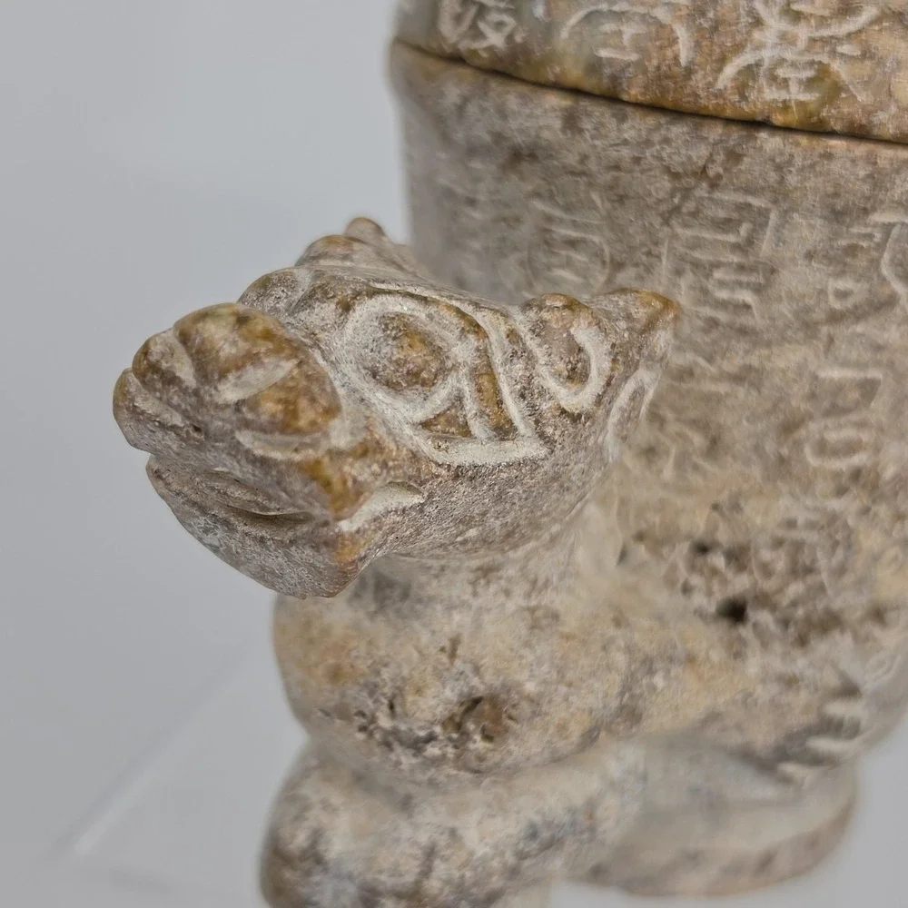 Chinese Carved Stone Gong Vessel Han Dynasty Style Dragon Lid Archaic READ